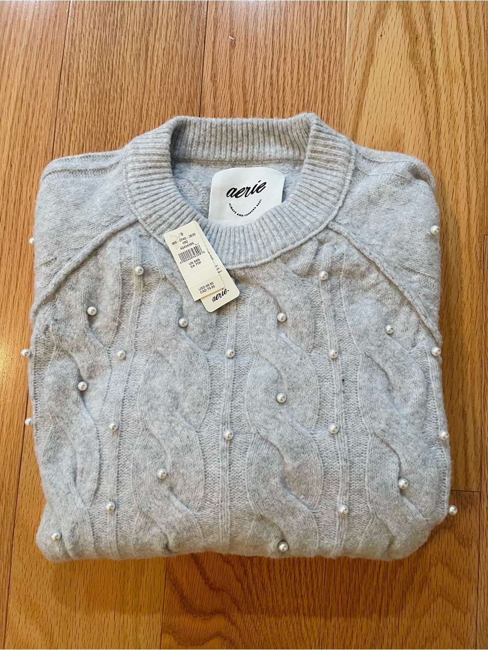 aerie Light Gray Pearl-Embellished Cable Knit Sweater